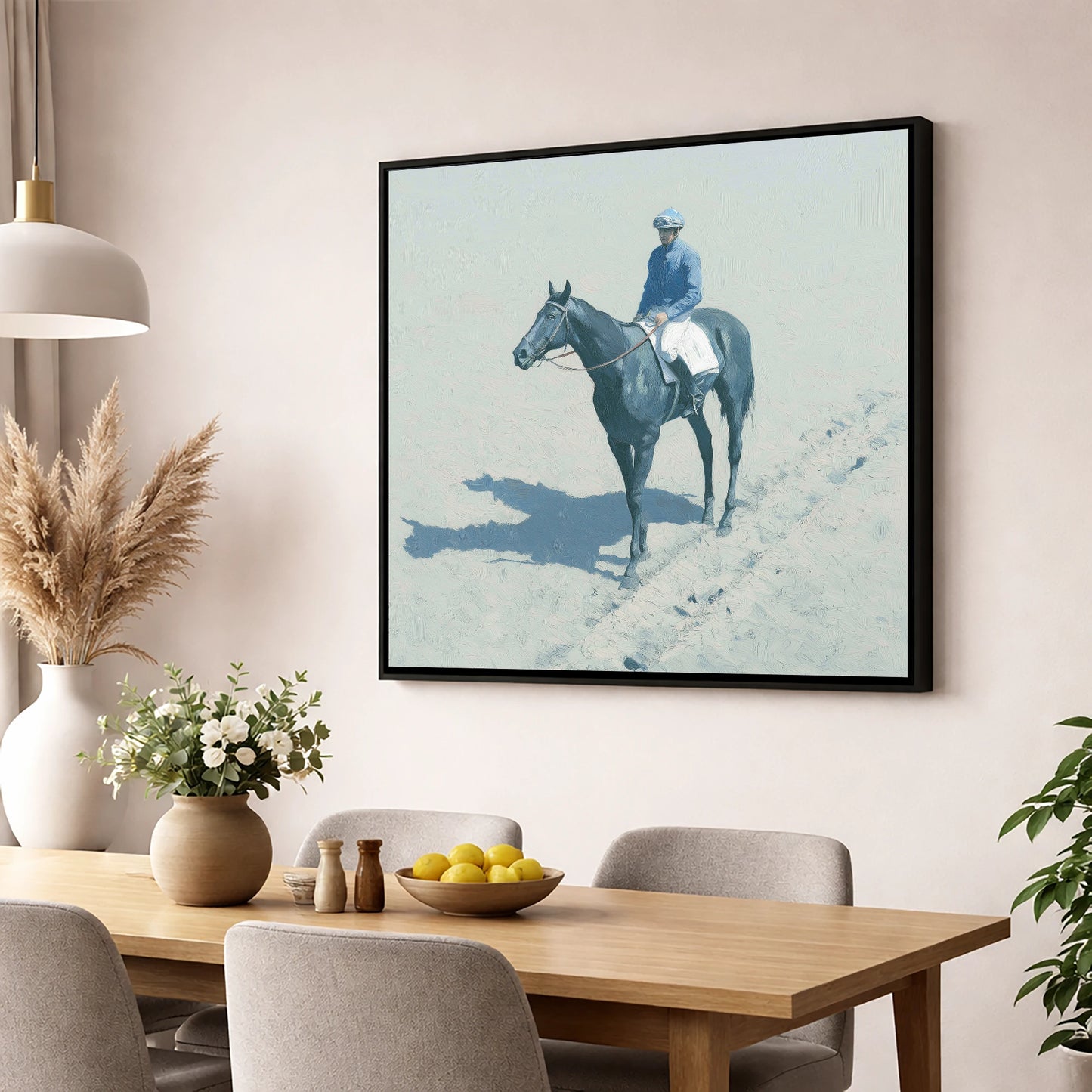 Dawn on the Gallops racing horse wall art displayed in a dining room