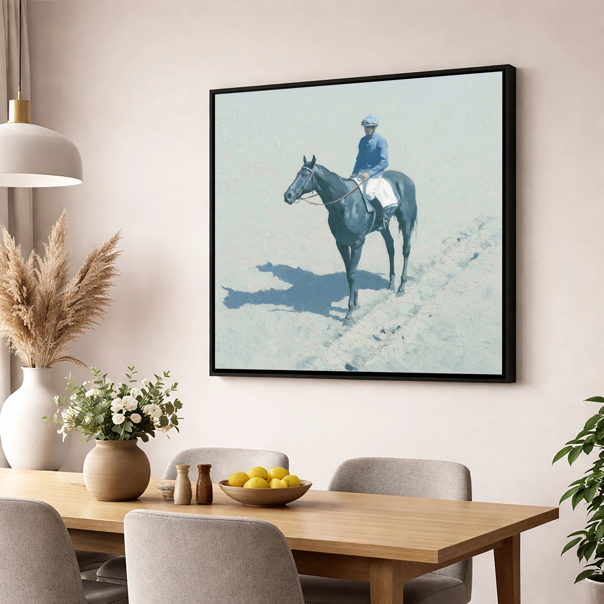 Dawn on the Gallops racing horse wall art displayed in a dining room