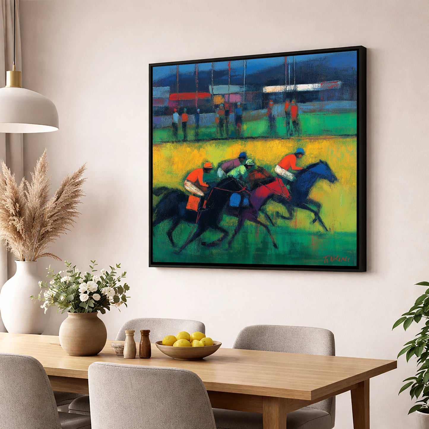The Turf In Colour racing horse wall art displayed in a dining room