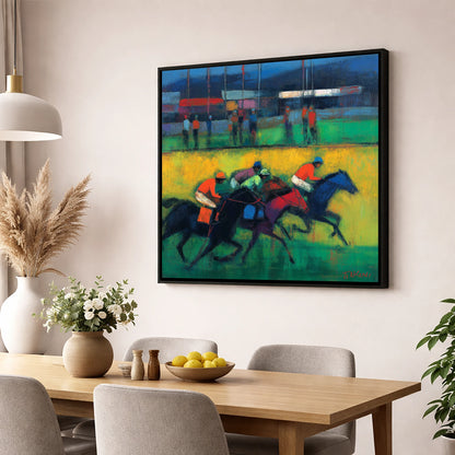 The Turf In Colour racing horse wall art displayed in a dining room