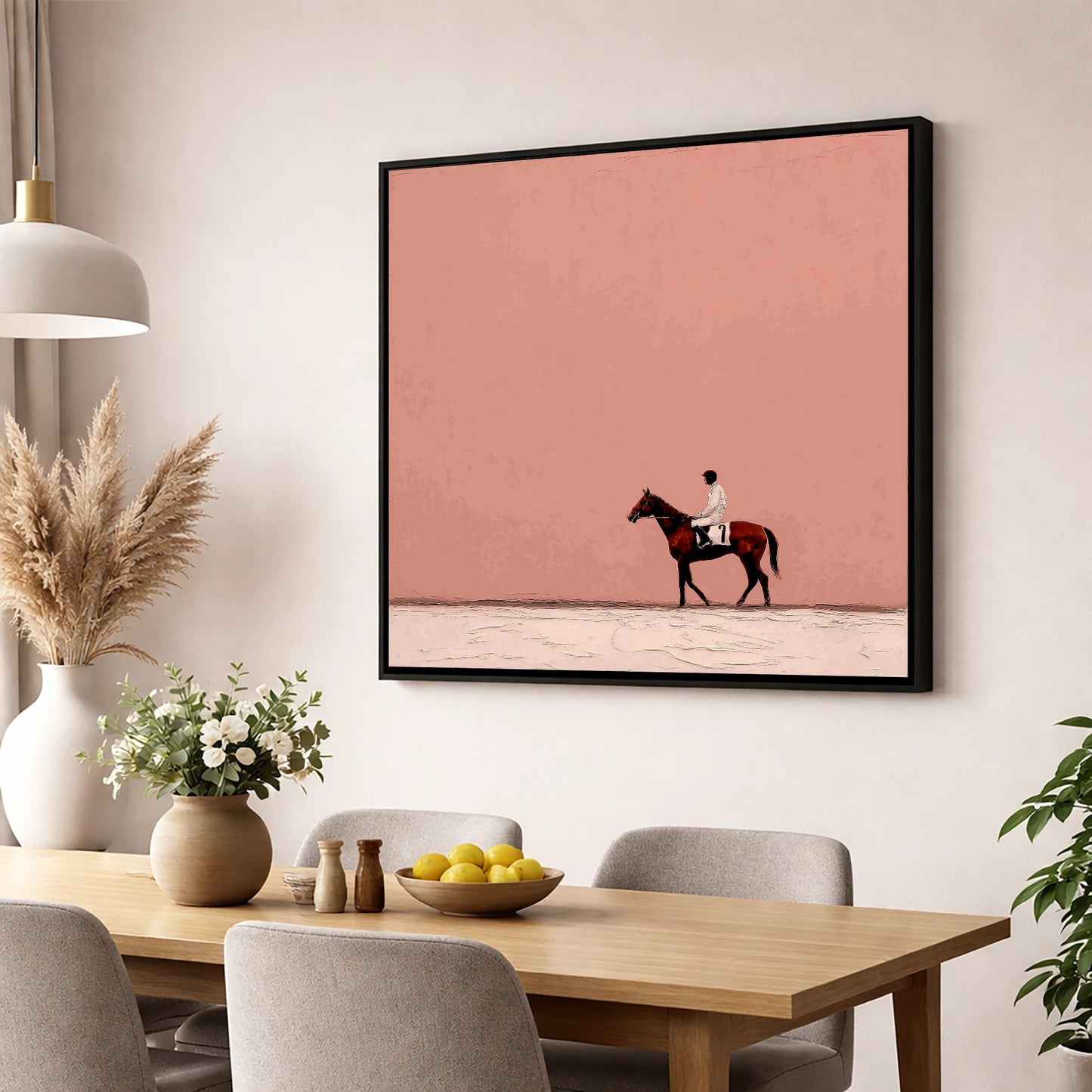 The Quiet Paddock racing horse wall art displayed in a dining room