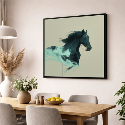 Midnight Teal Momentum horse breed wall art displayed in a dining room