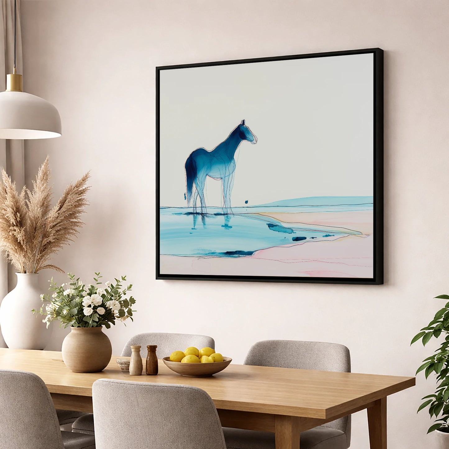 Ethereal Azure Equine horse landscape wall art displayed in a dining room