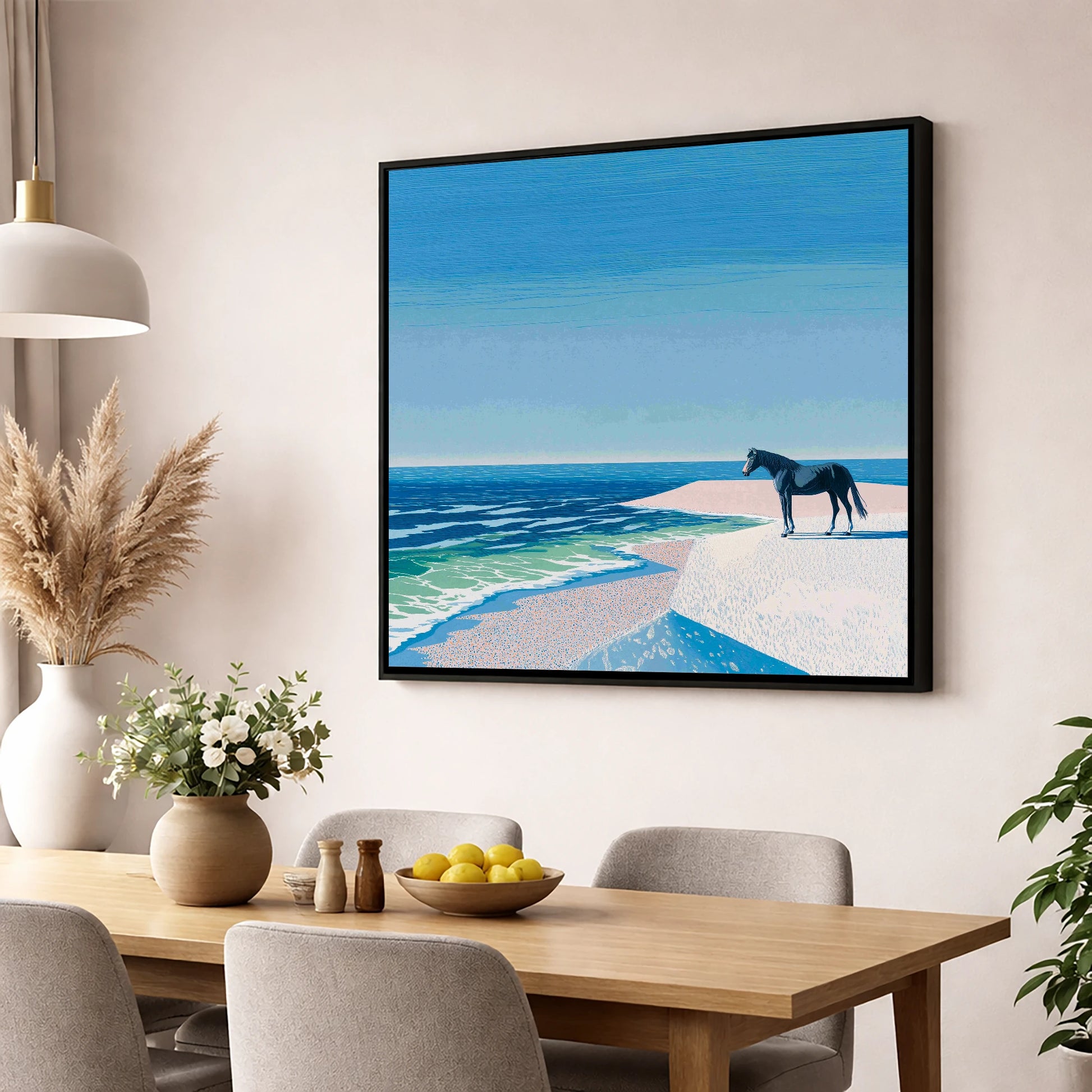 Coastal Solitude horse landscape wall art displayed in a dining room