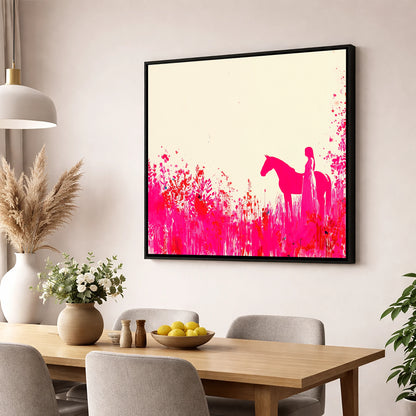 Vibrant Magenta Silhouette horse & rider wall art displayed in a dining room