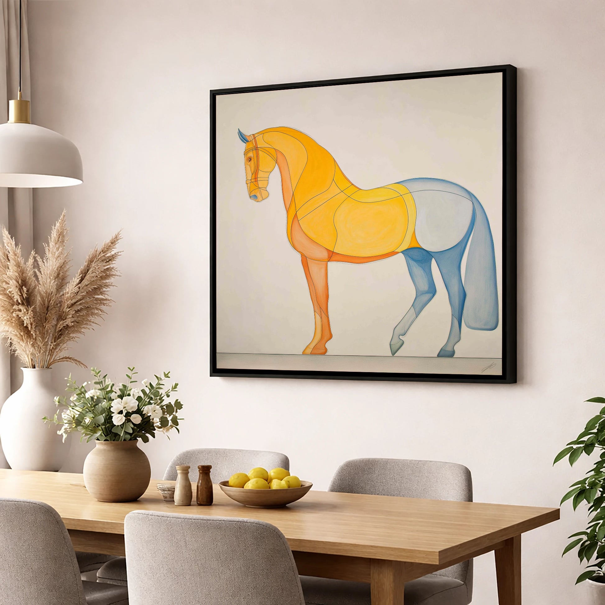 Amber and Slate Harmony dressage horse wall art displayed in a dining room