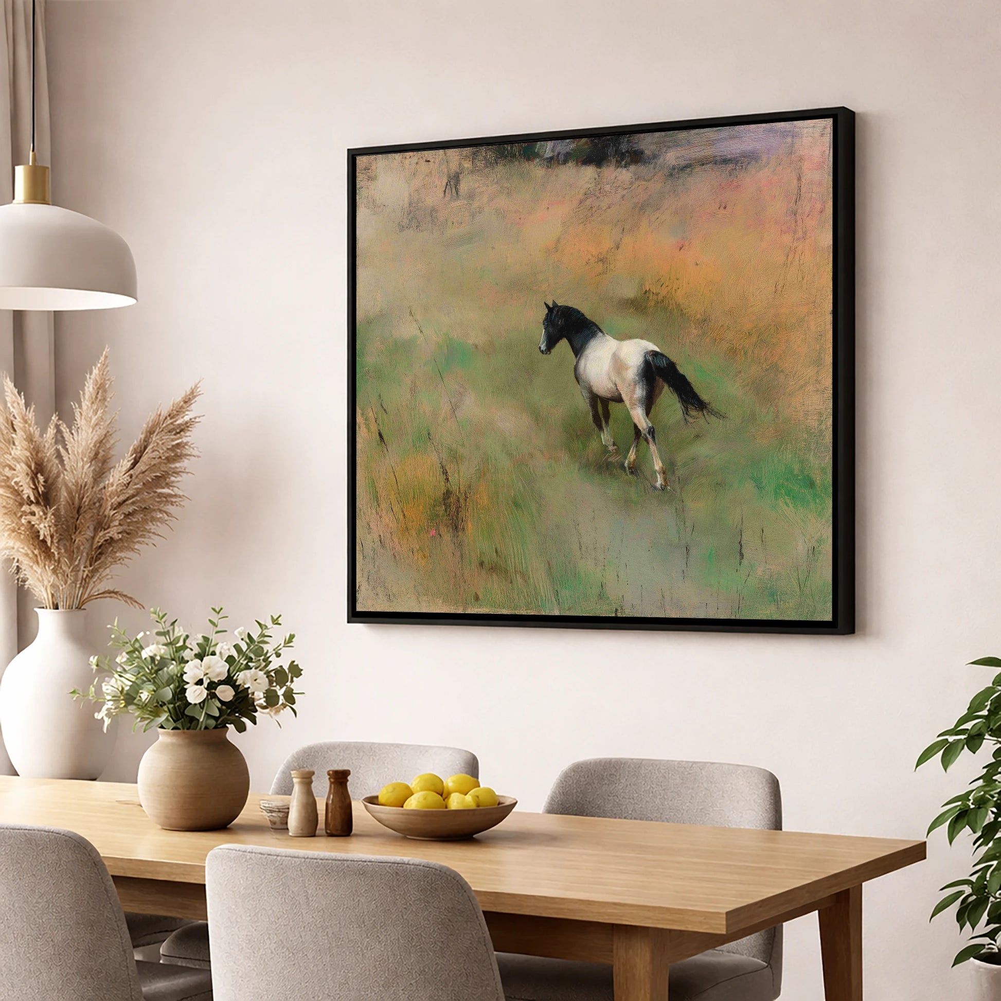 Through the Summer Grass horse landscape wall art displayed in a dining room