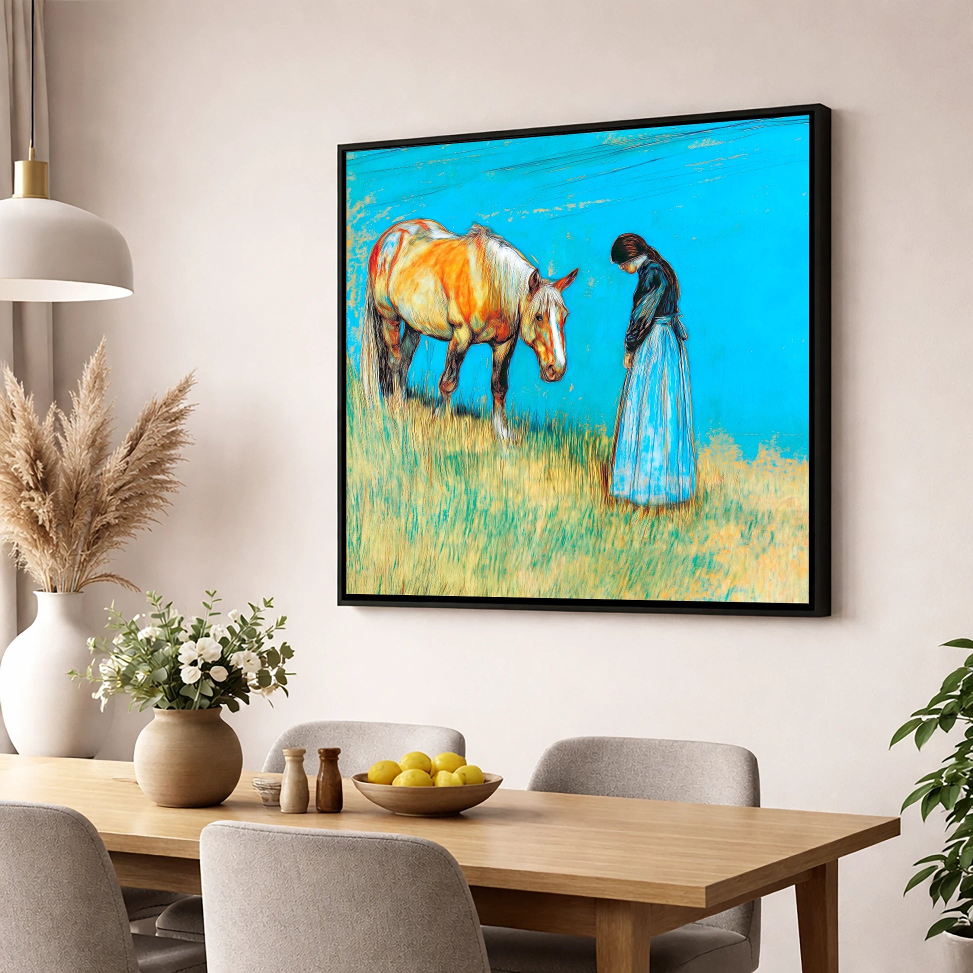 Cerulean Bond horse & rider wall art displayed in a dining room