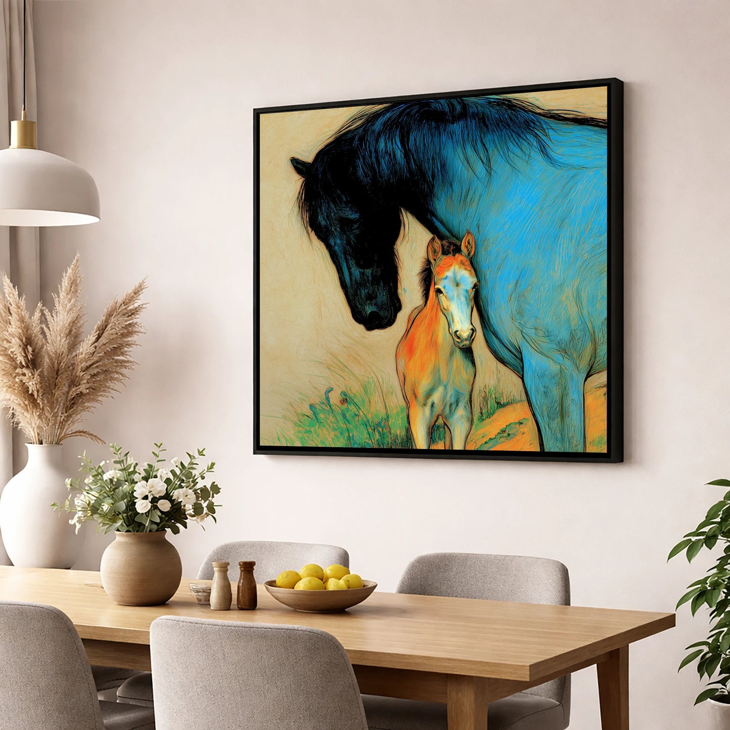 Vivid Devotion mare & foal wall art displayed in a dining room