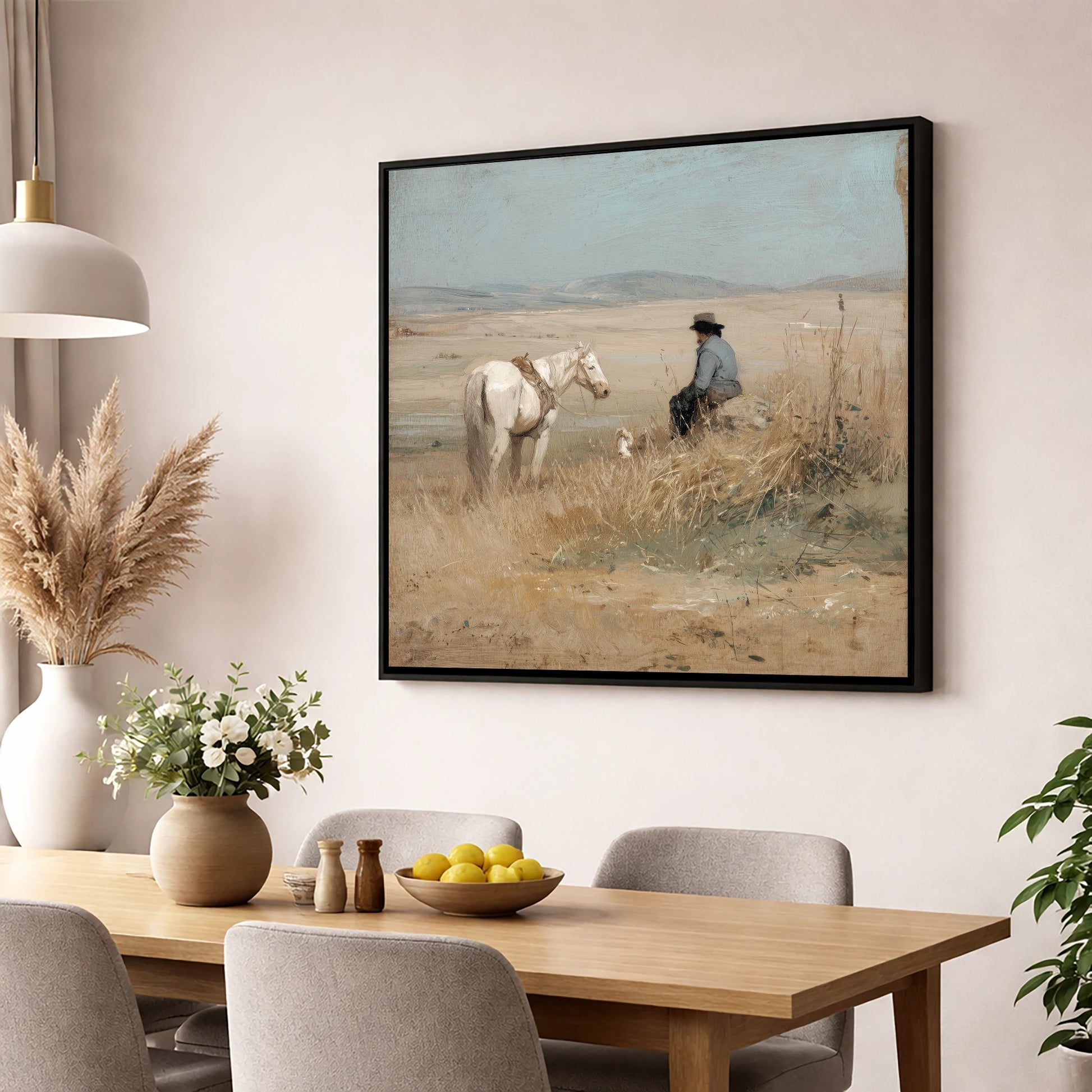 Vast Horizons horse & rider wall art displayed in a dining room