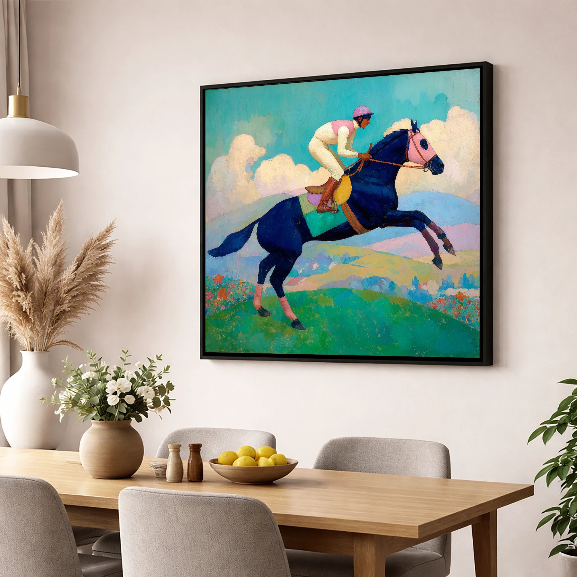 Vivid Racing Bound racing horse wall art displayed in a dining room