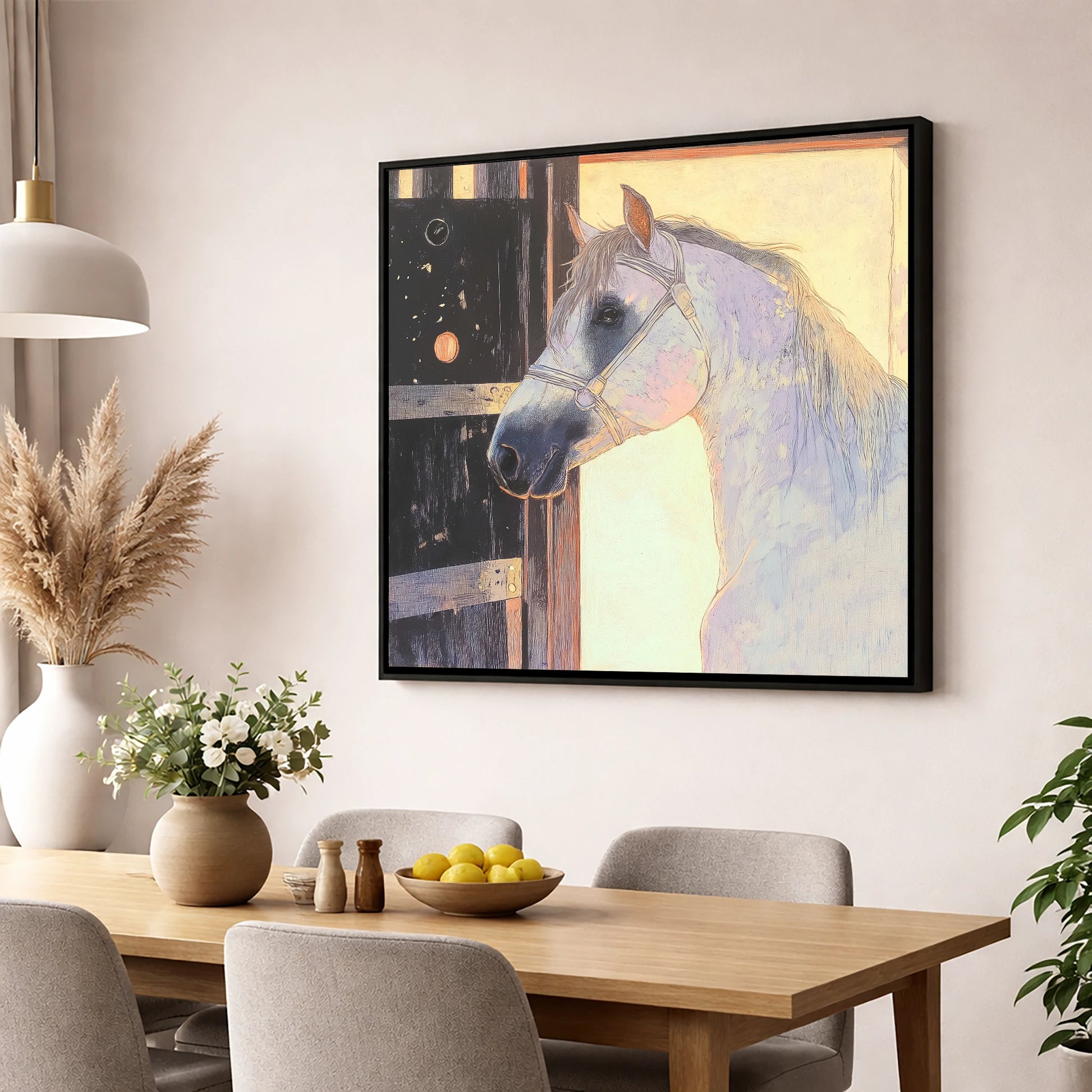 The Luminous Grey horse stable wall art displayed in a dining room