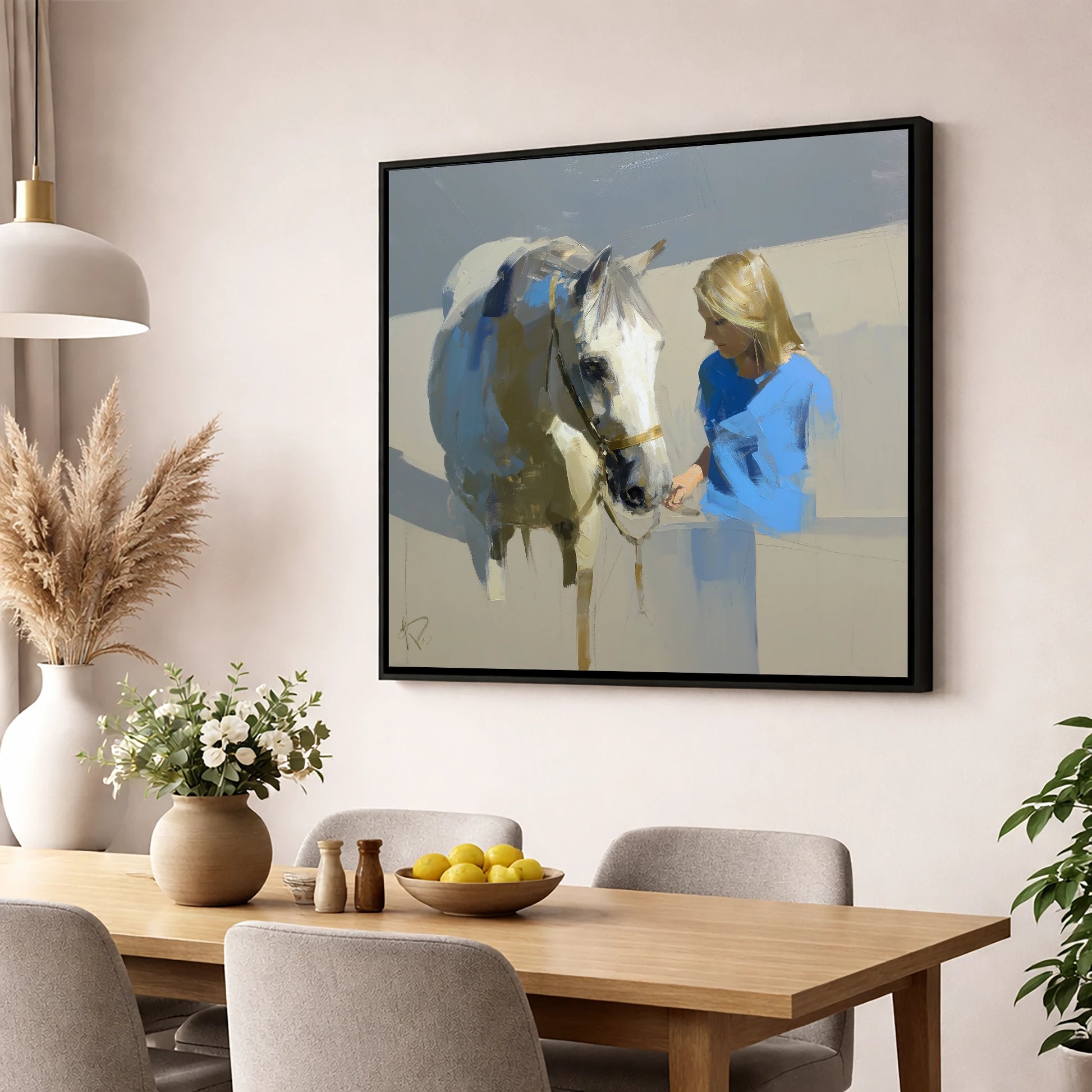 Quiet Connection horse & rider wall art displayed in a dining room