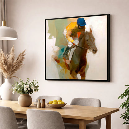 Yellow Silk Strike racing horse wall art displayed in a dining room