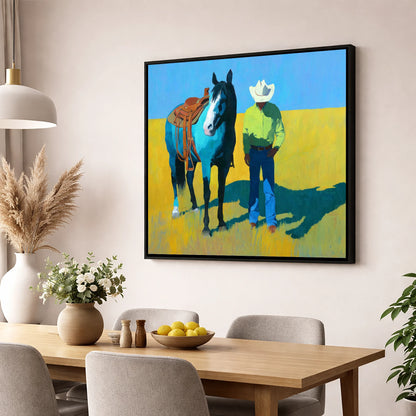Vibrant High Plains Companion western horse wall art displayed in a dining room