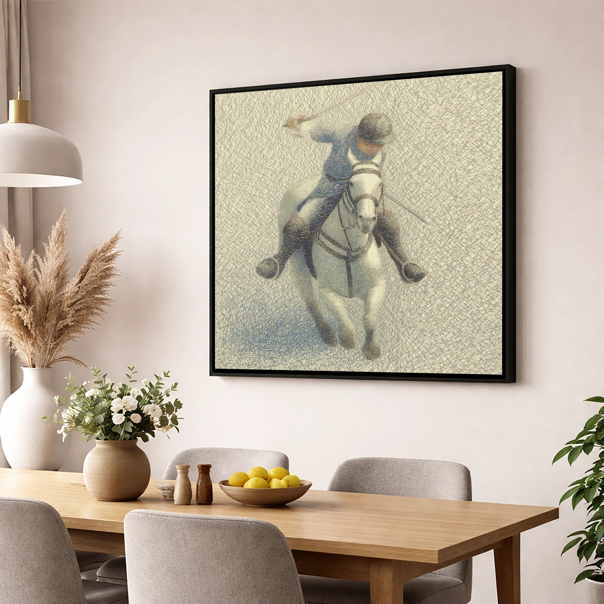 Midfield Precision polo horse wall art displayed in a dining room