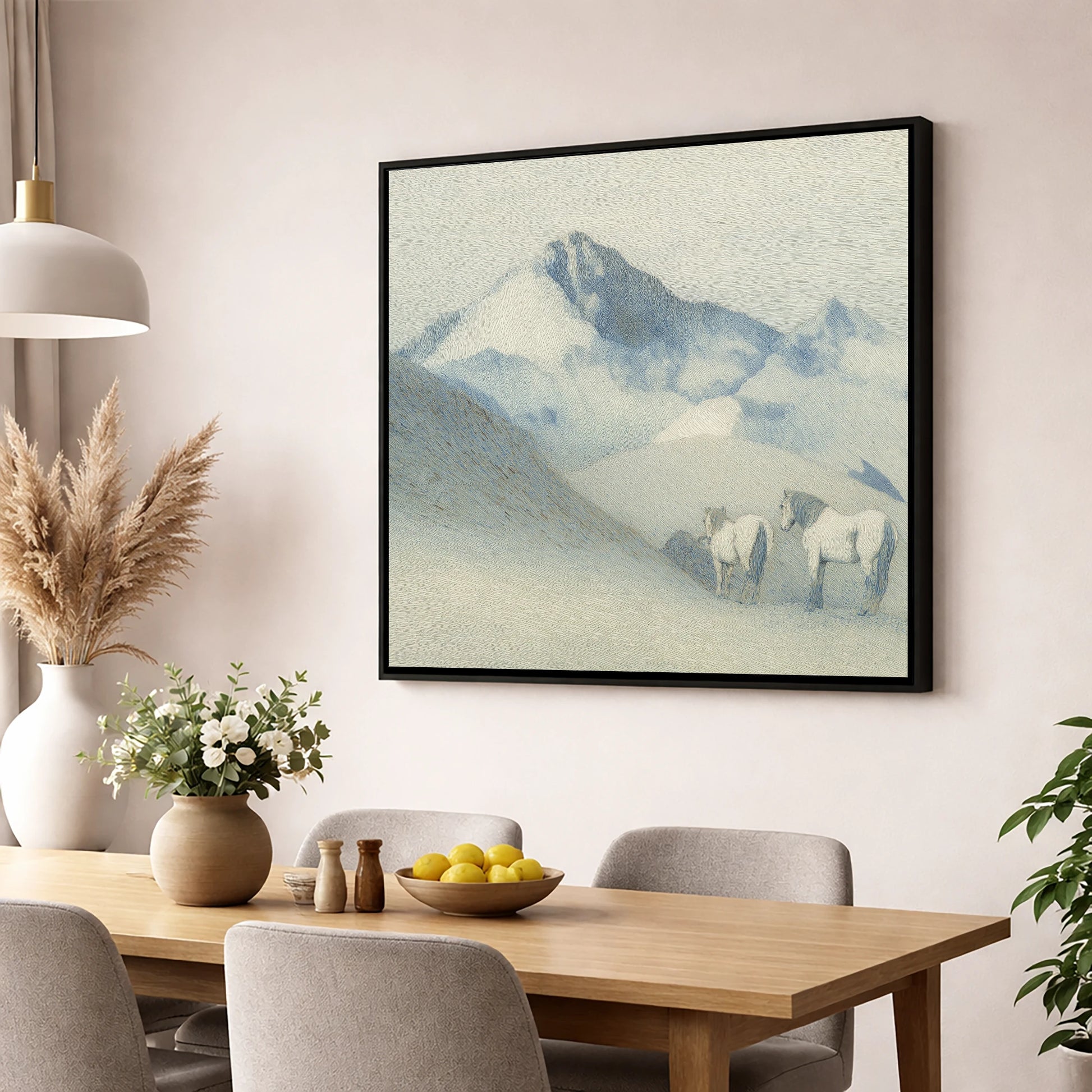 Slate Blue Peaks horse landscape wall art displayed in a dining room