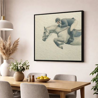 Structured Flight show jumping horse wall art displayed in a dining room
