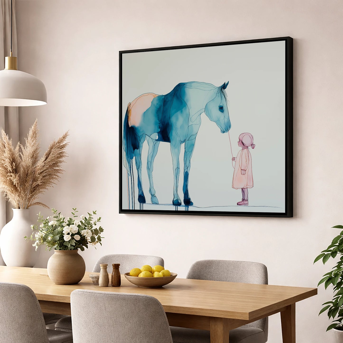 The Delicate Connection horse & rider wall art displayed in a dining room