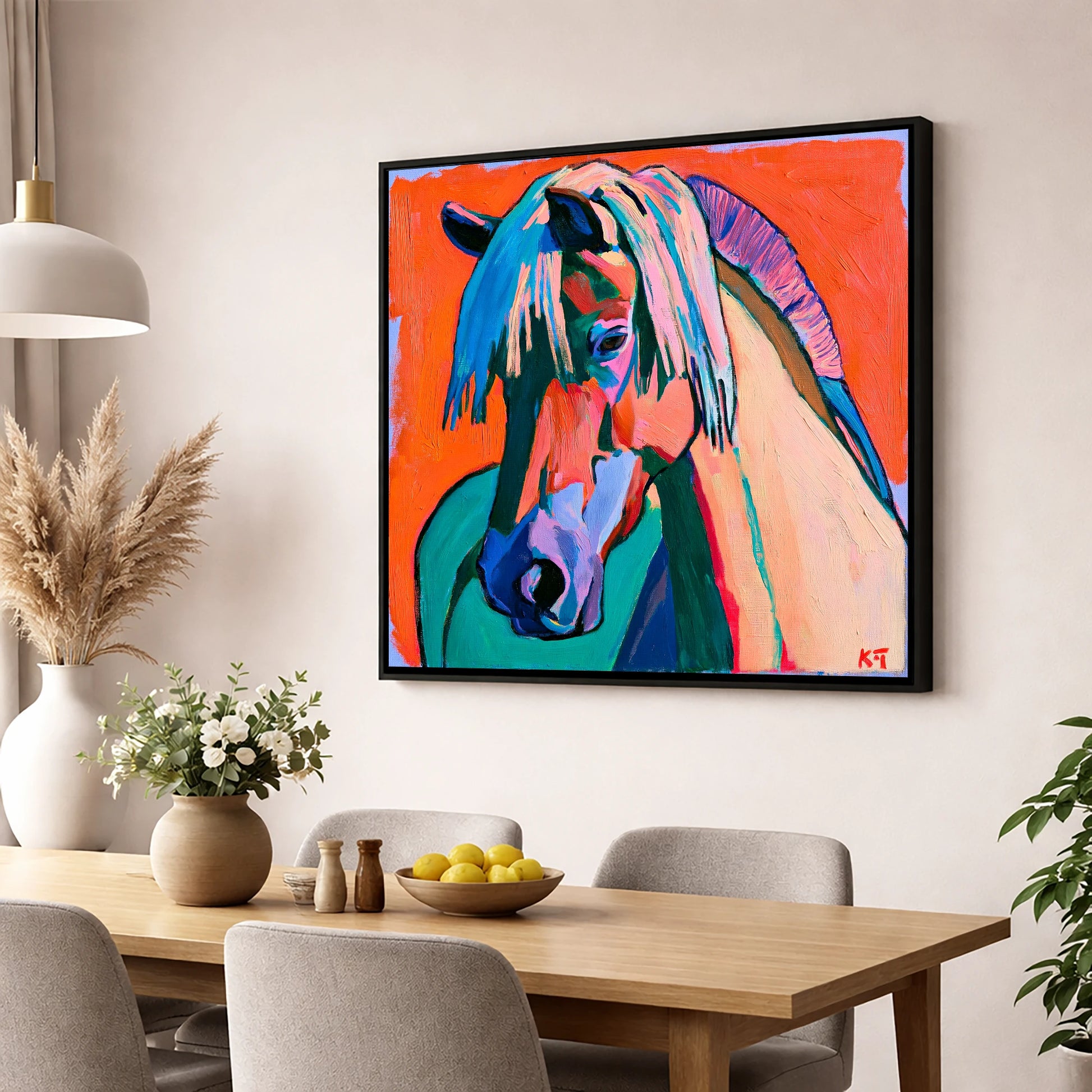 Vibrant Fjord Horse Portrait horse breed wall art displayed in a dining room