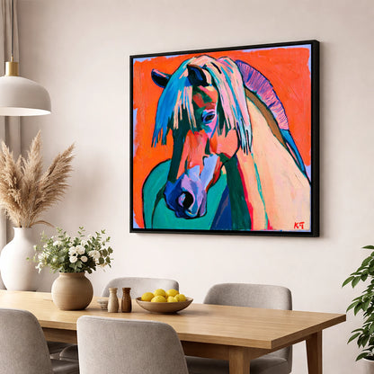 Vibrant Fjord Horse Portrait horse breed wall art displayed in a dining room