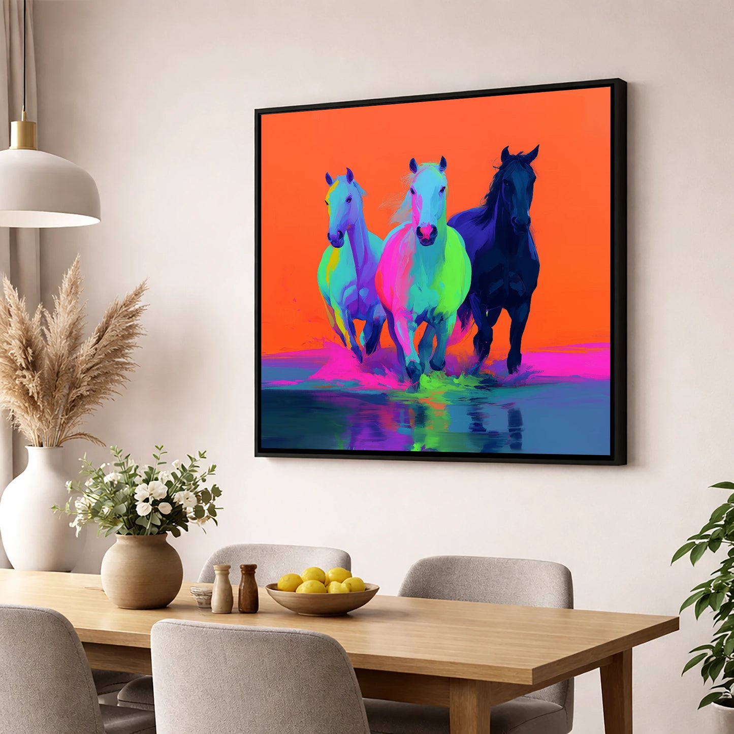 Technicolour Canter wild horses wall art displayed in a dining room