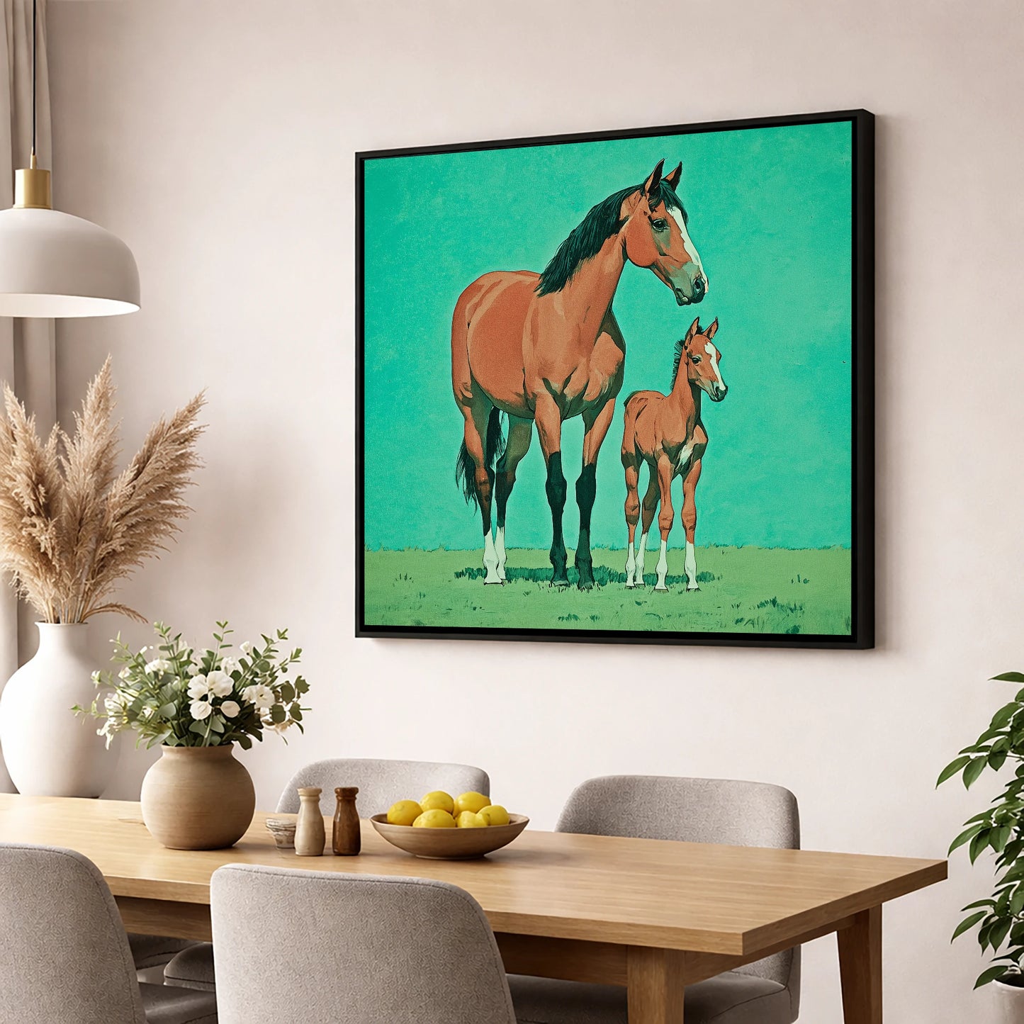 Striking Bay Bloodlines mare & foal wall art displayed in a dining room