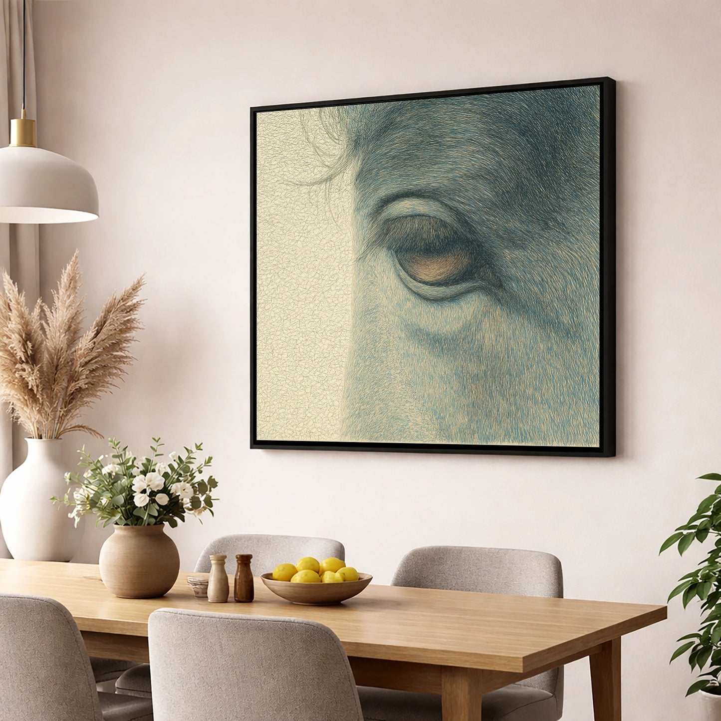 The Quiet Gaze horse portrait wall art displayed in a dining room