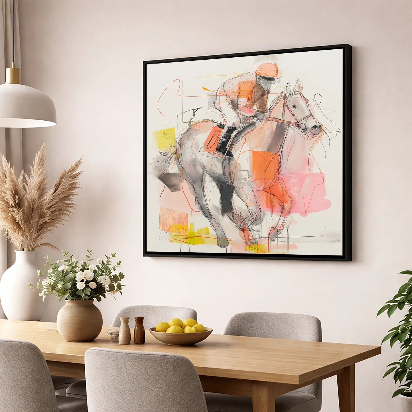 Sprint to the Wire racing horse wall art displayed in a dining room