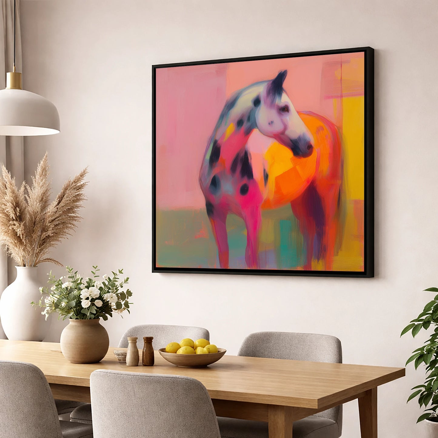 Vibrant Appaloosa horse breed wall art displayed in a dining room