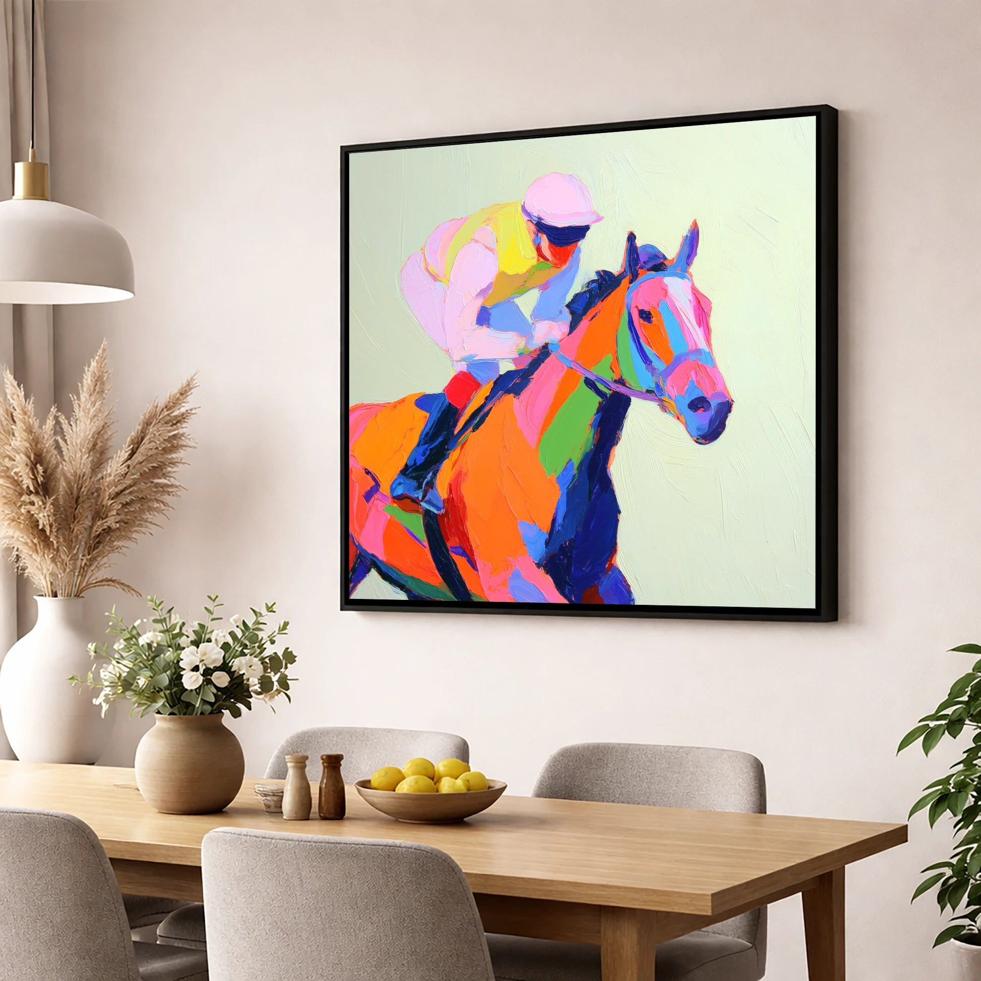 Vibrant Final Furlong racing horse wall art displayed in a dining room
