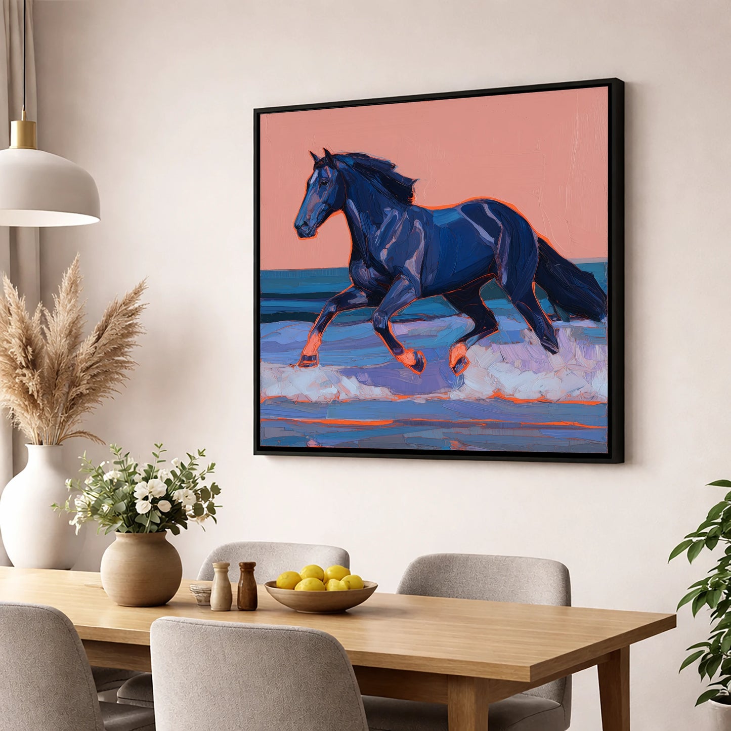 Indigo Surf Canter beach horse wall art displayed in a dining room