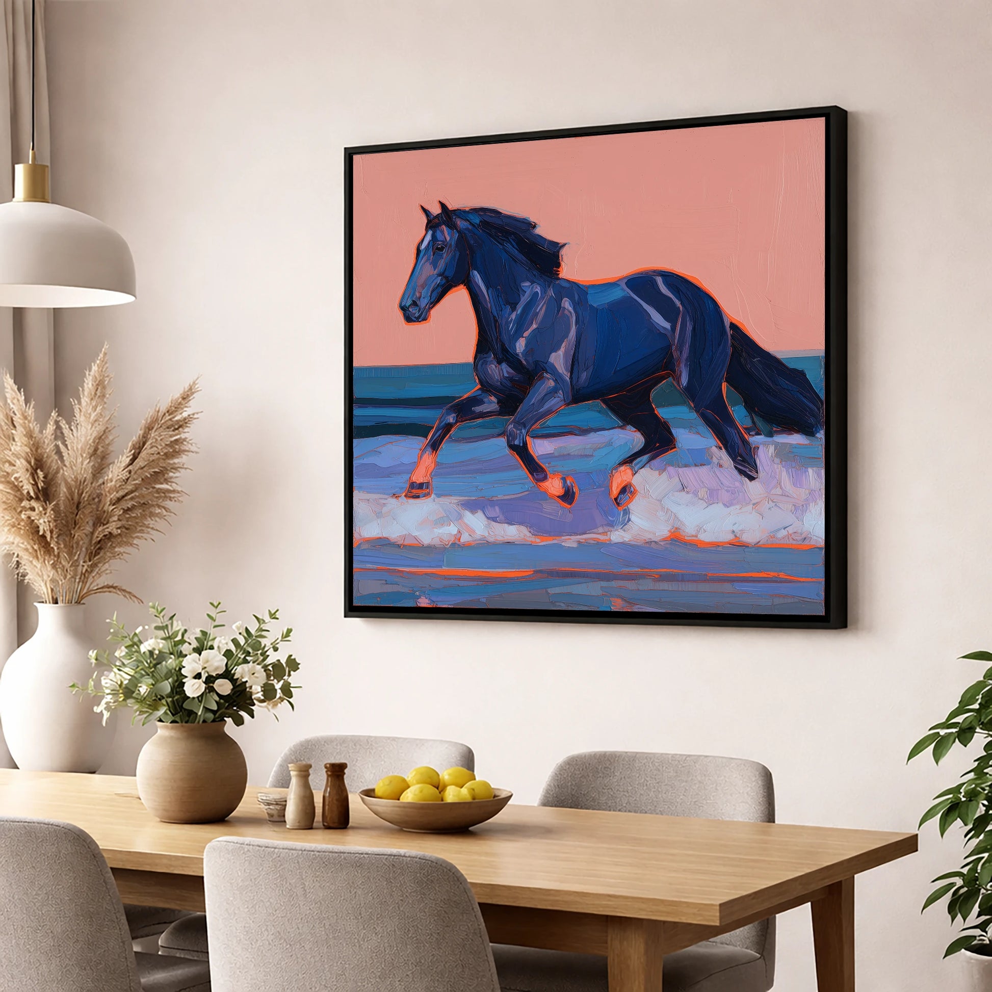 Indigo Surf Canter beach horse wall art displayed in a dining room