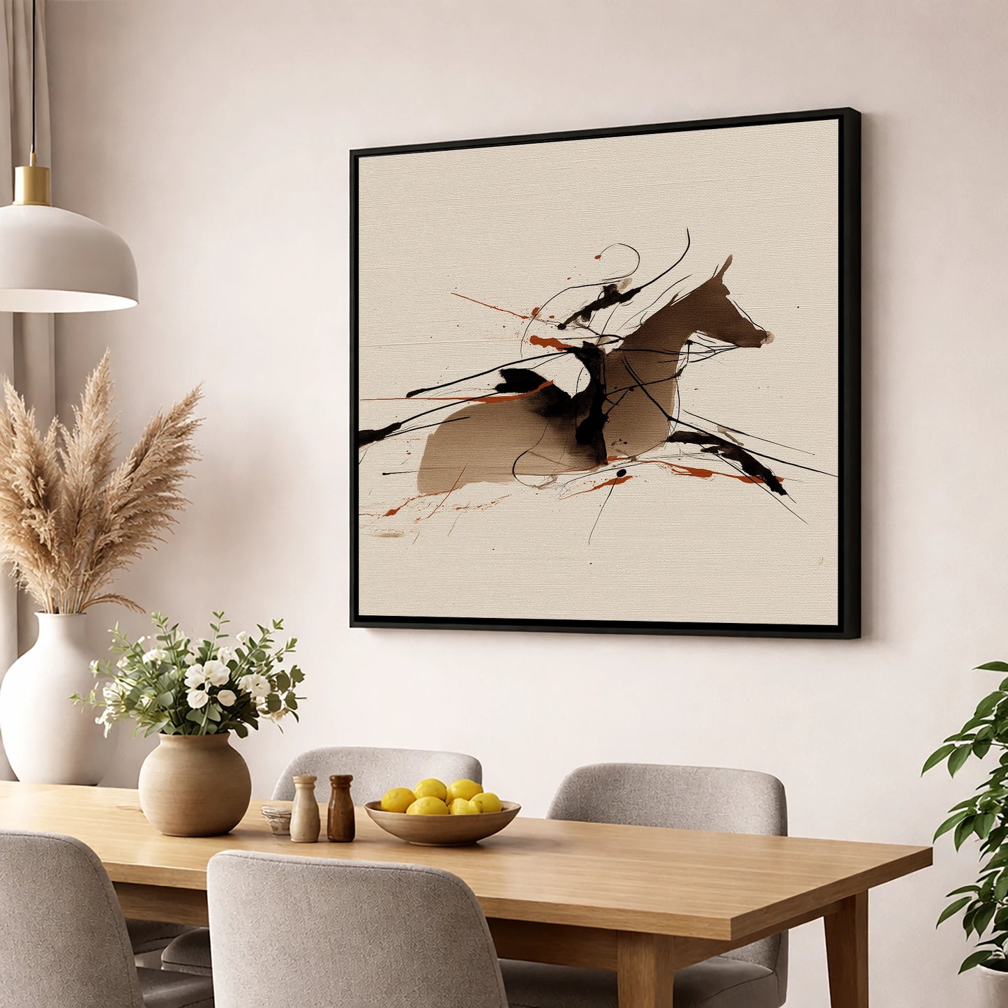 Velocity in Sepia racing horse wall art displayed in a dining room