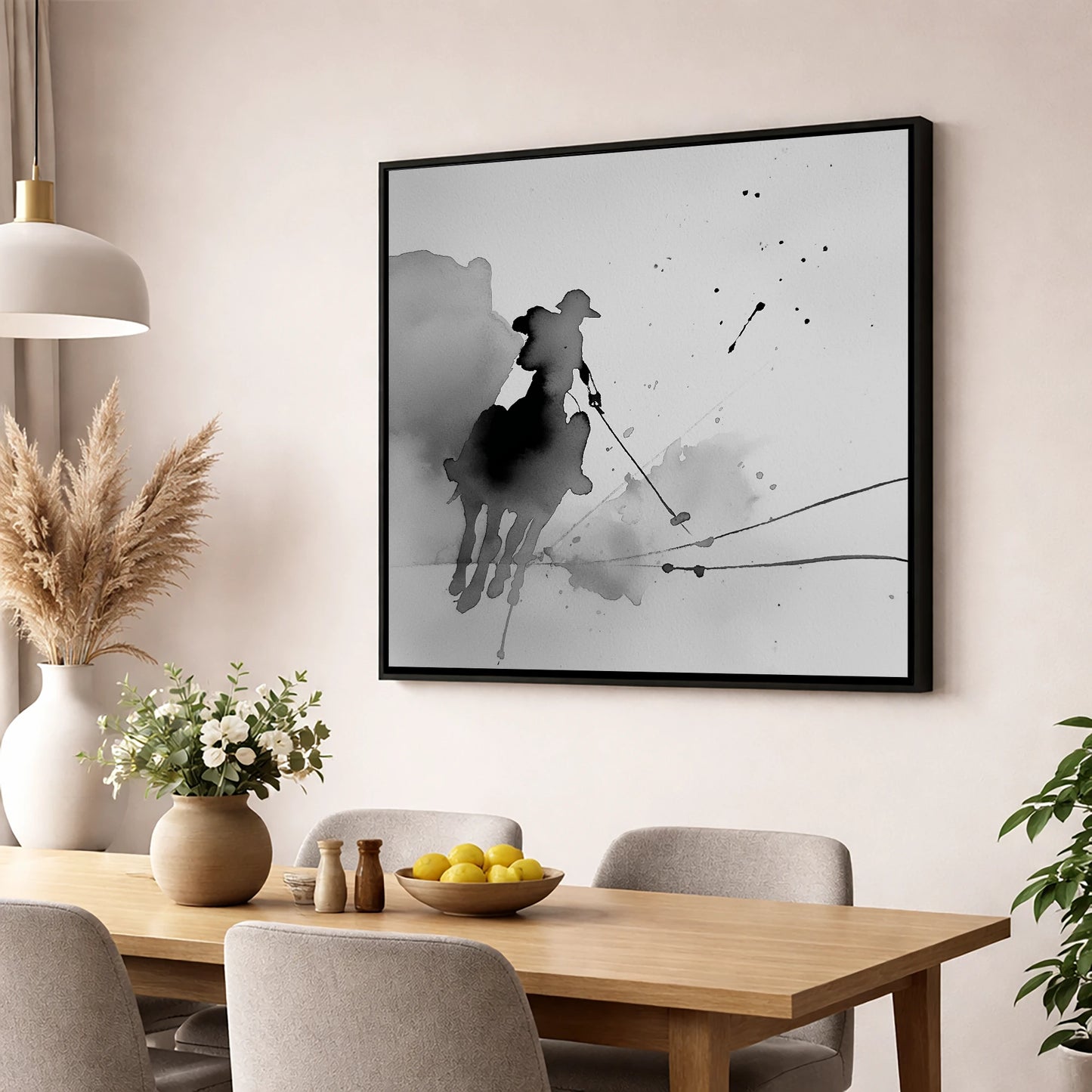 Dynamic Polo Strike polo horse wall art displayed in a dining room