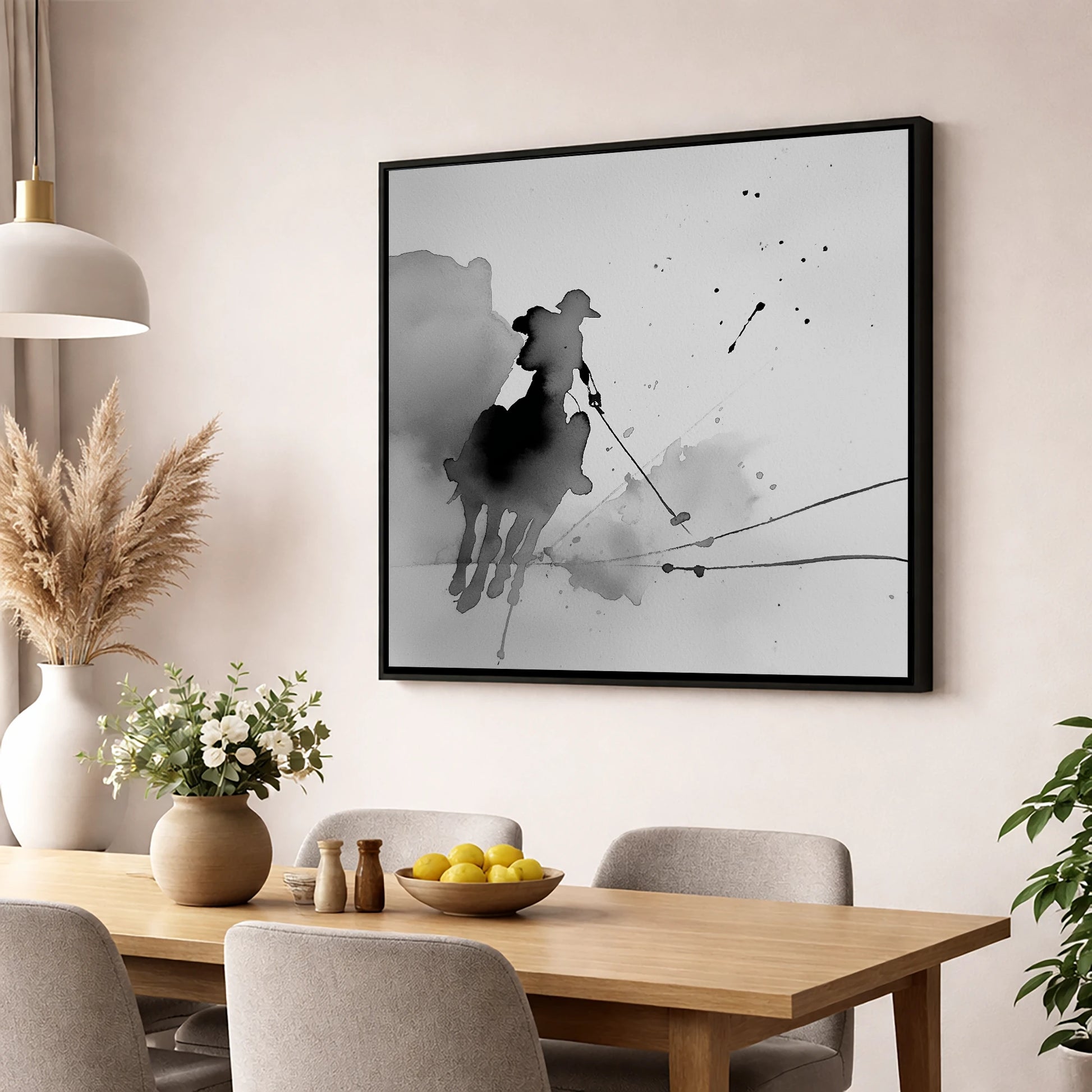 Dynamic Polo Strike polo horse wall art displayed in a dining room