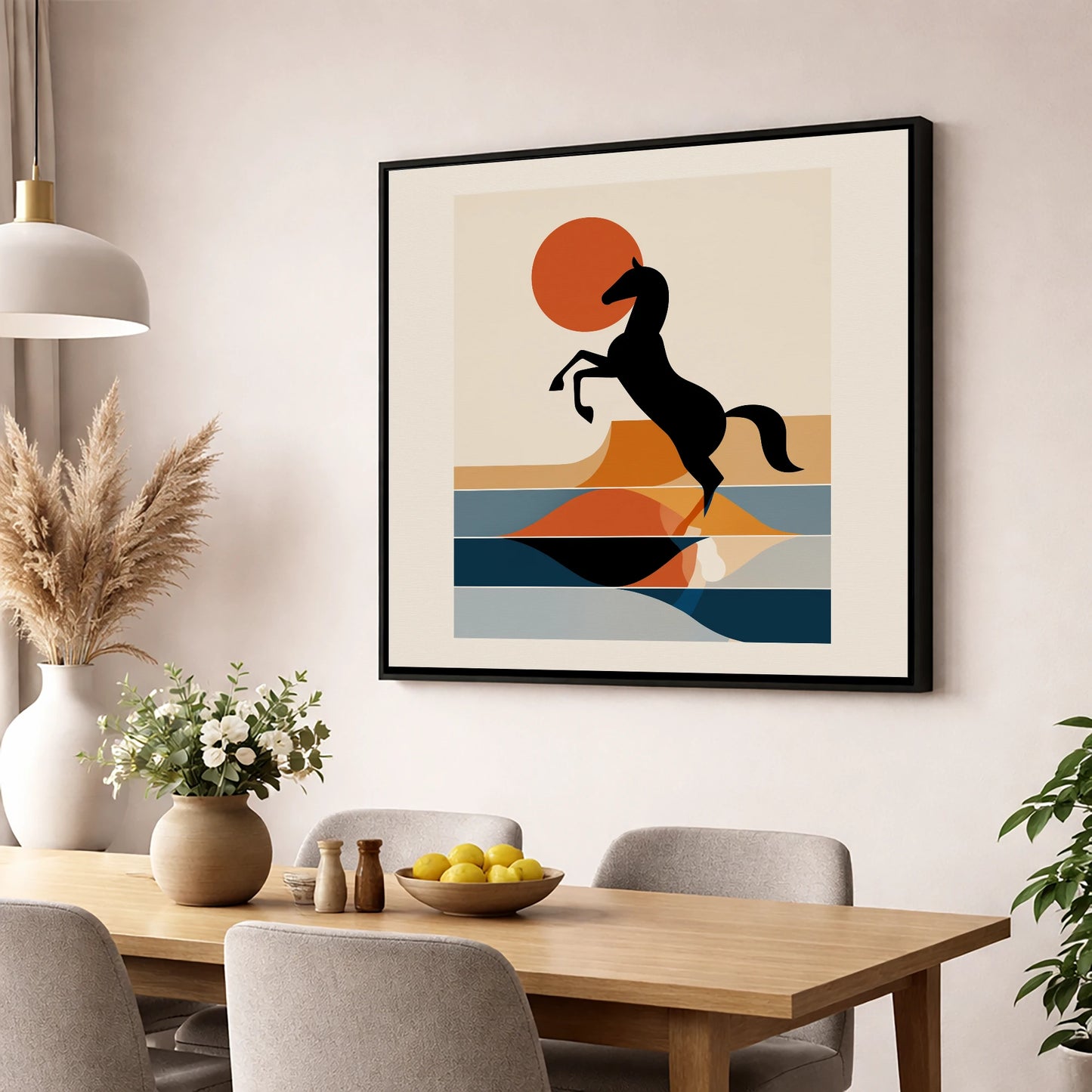 Terracotta Sun Silhouette wild horses wall art displayed in a dining room