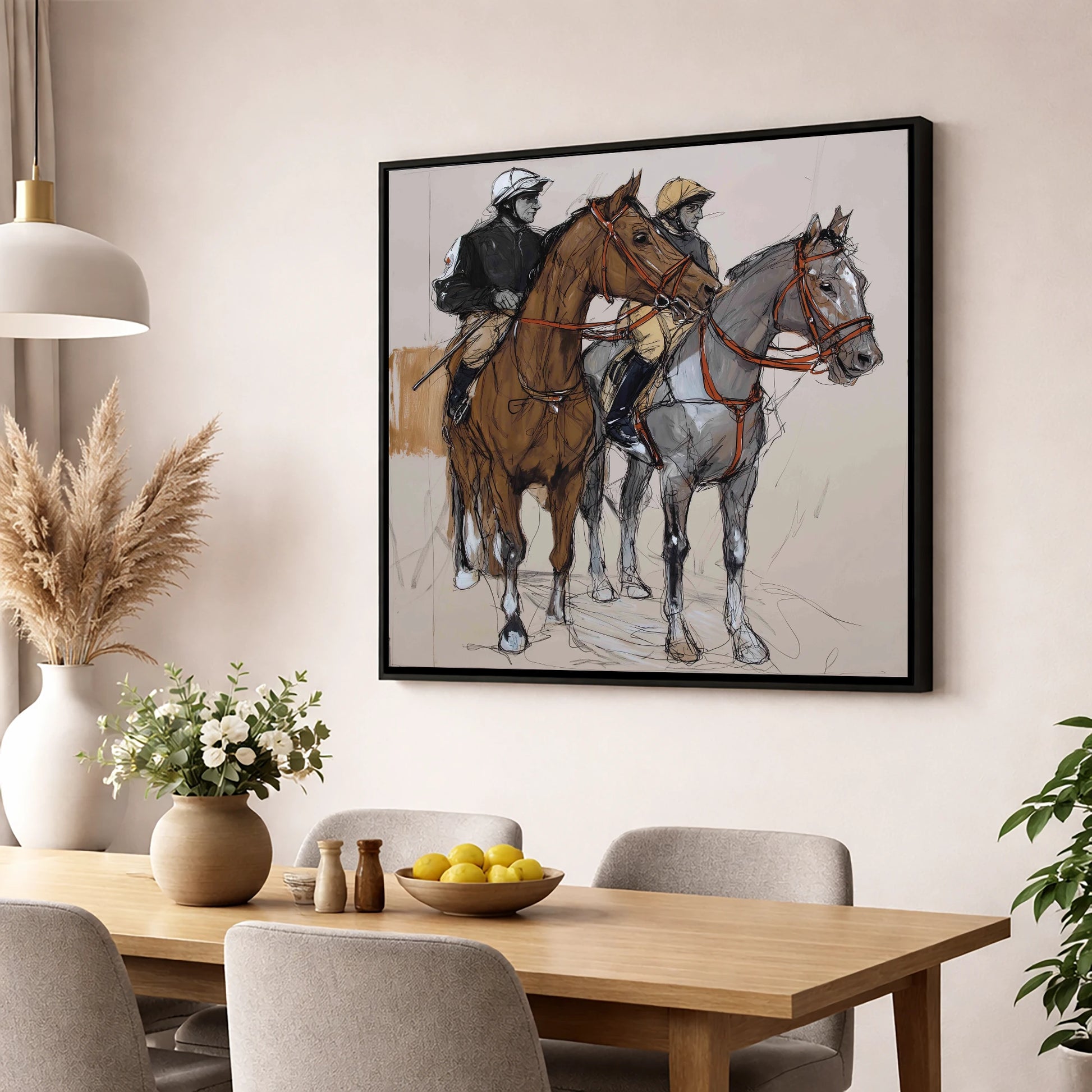 Waiting for the Off racing horse wall art displayed in a dining room