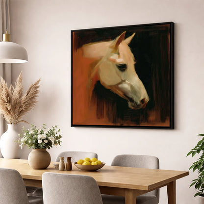 The Terracotta Portrait horse portrait wall art displayed in a dining room