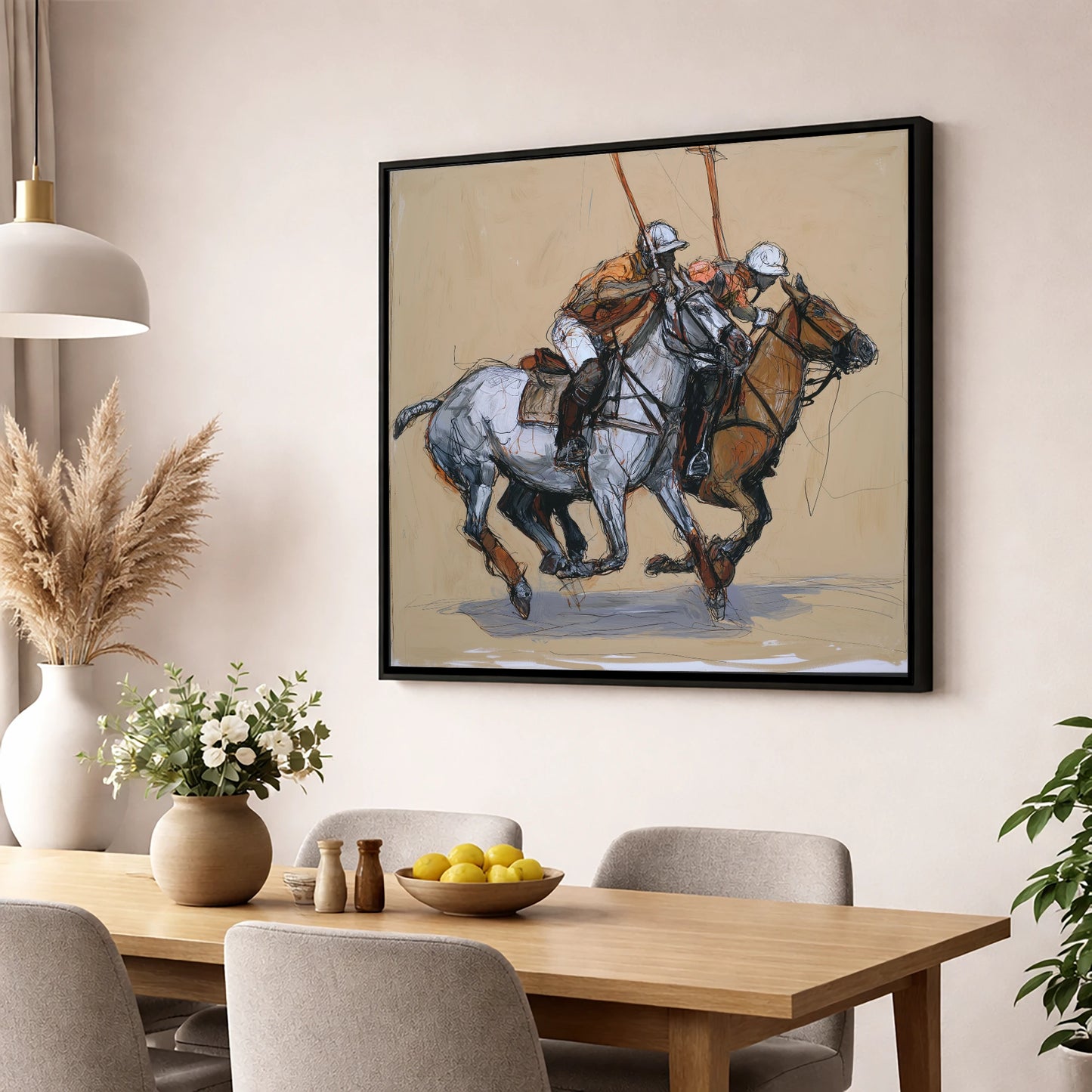 The Midfield Duel polo horse wall art displayed in a dining room