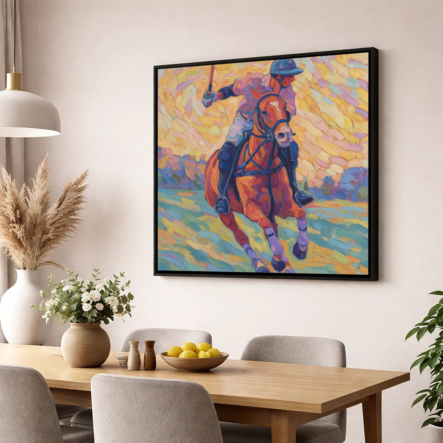 Vivid Polo Pursuit polo horse wall art displayed in a dining room