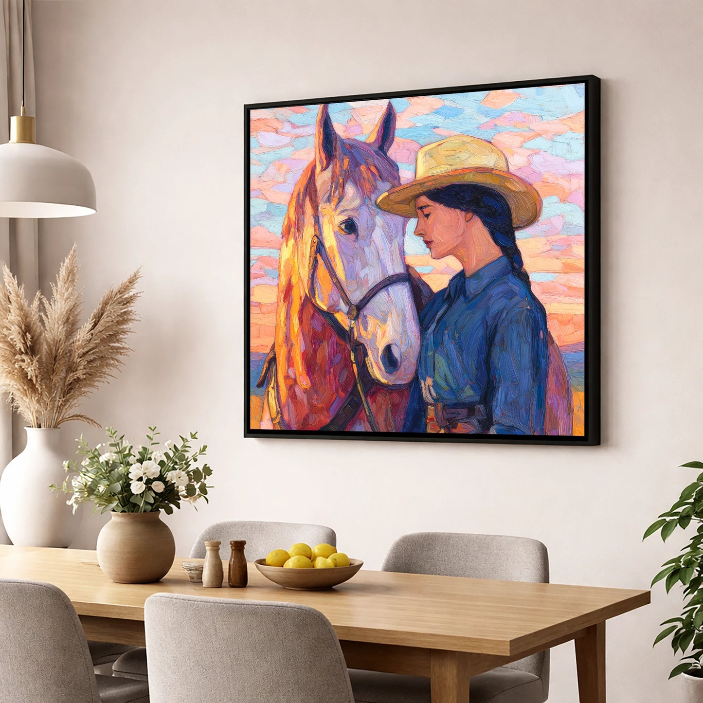 The Sundown Bond horse & rider wall art displayed in a dining room