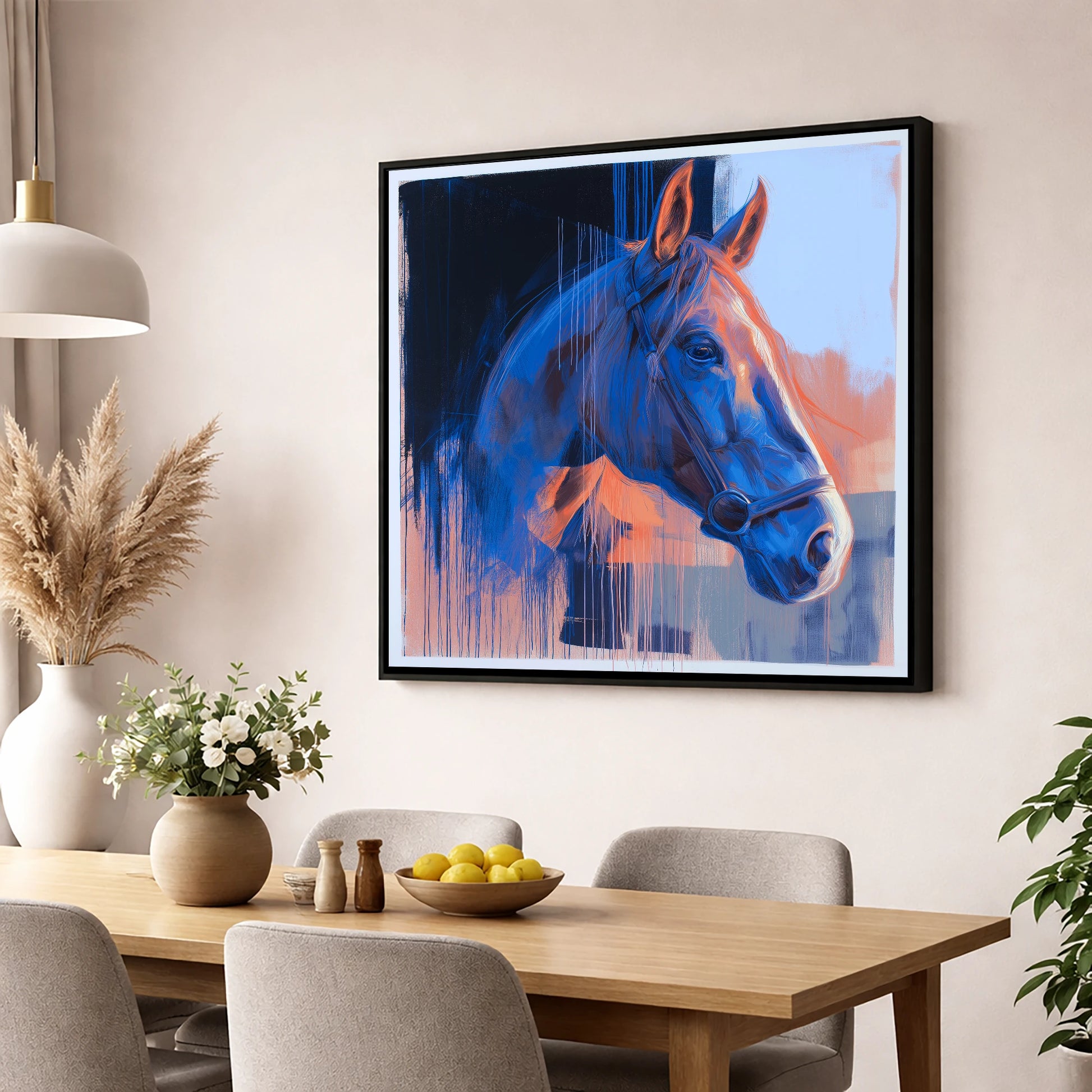 Cobalt and Apricot Light horse portrait wall art displayed in a dining room