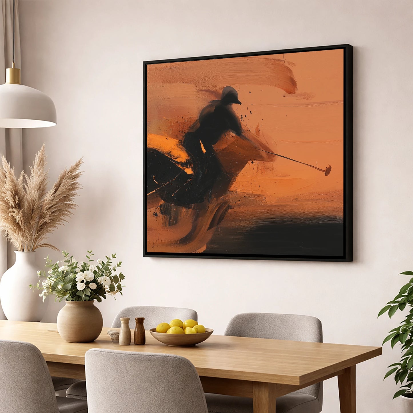 Strike in Amber polo horse wall art displayed in a dining room