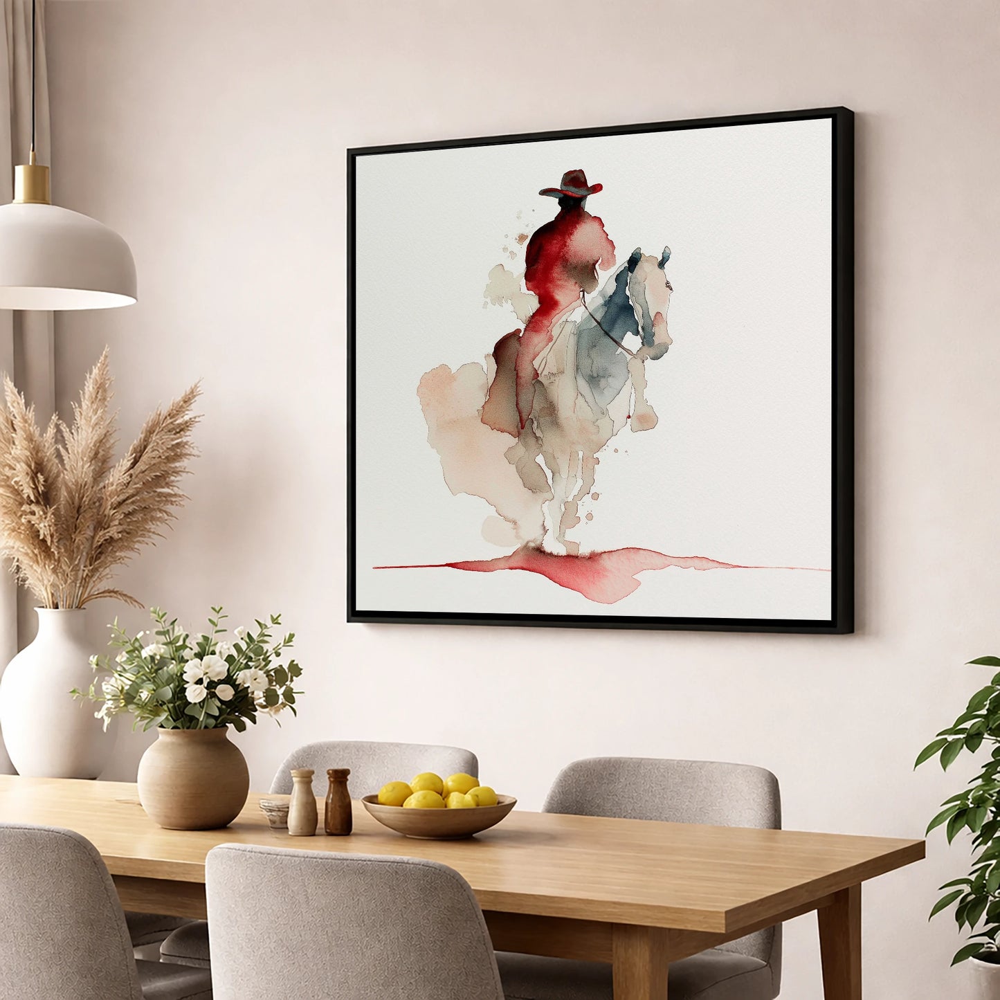Crimson Trail Rider western horse wall art displayed in a dining room