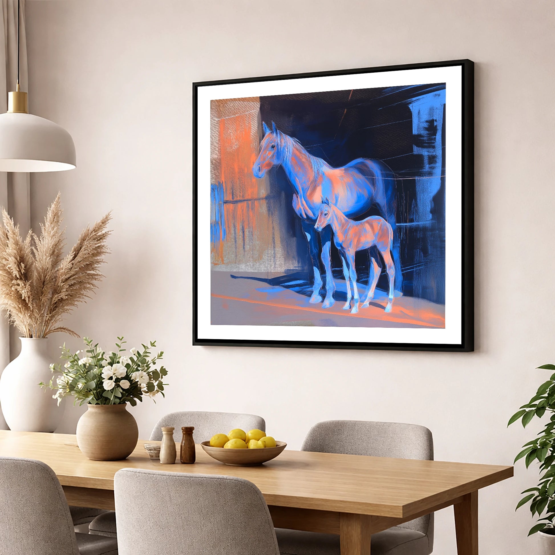 Luminous Mare And Foal mare & foal wall art displayed in a dining room