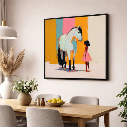 A Colourful Bond horse & rider wall art displayed in a dining room