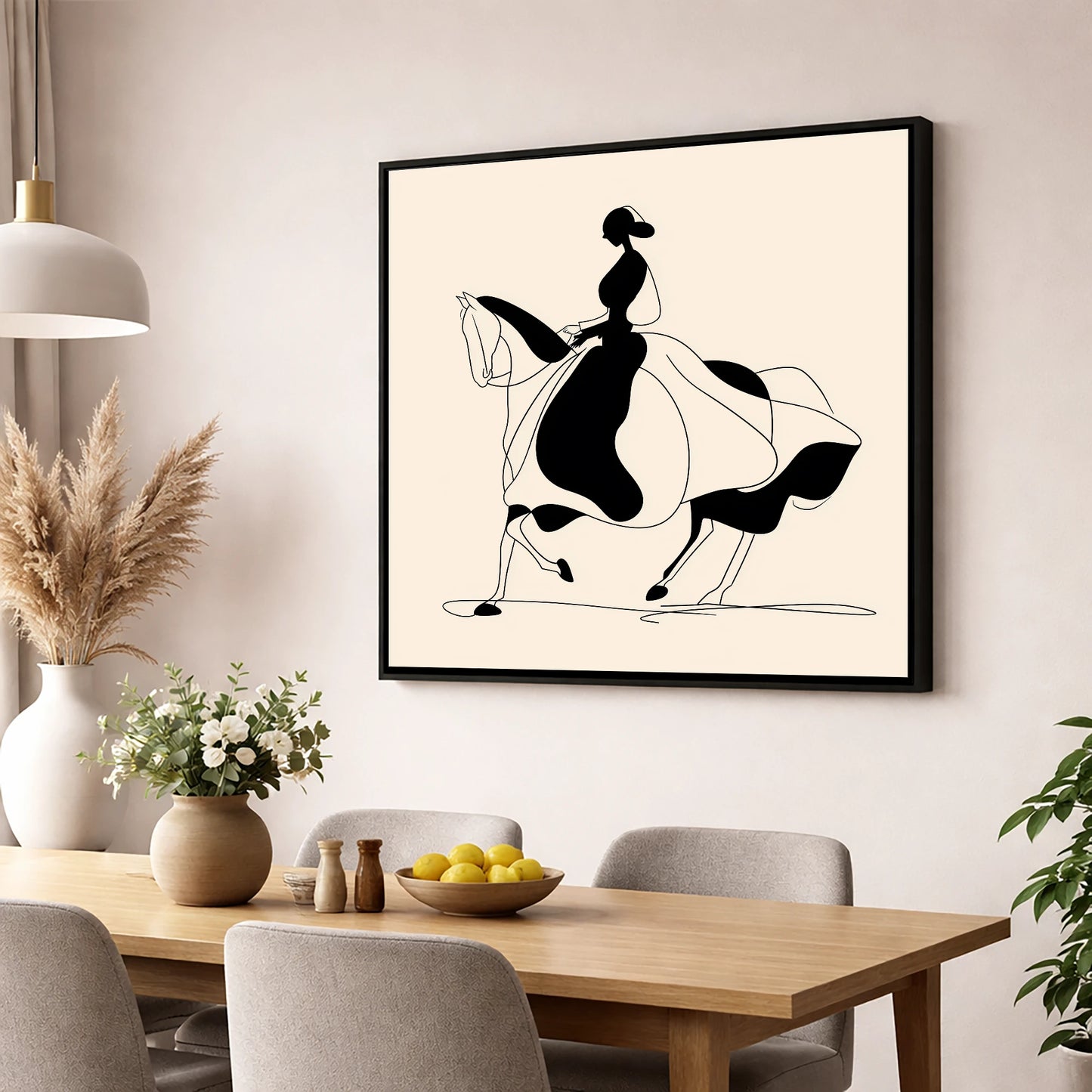 Fluid Elegance dressage horse wall art displayed in a dining room