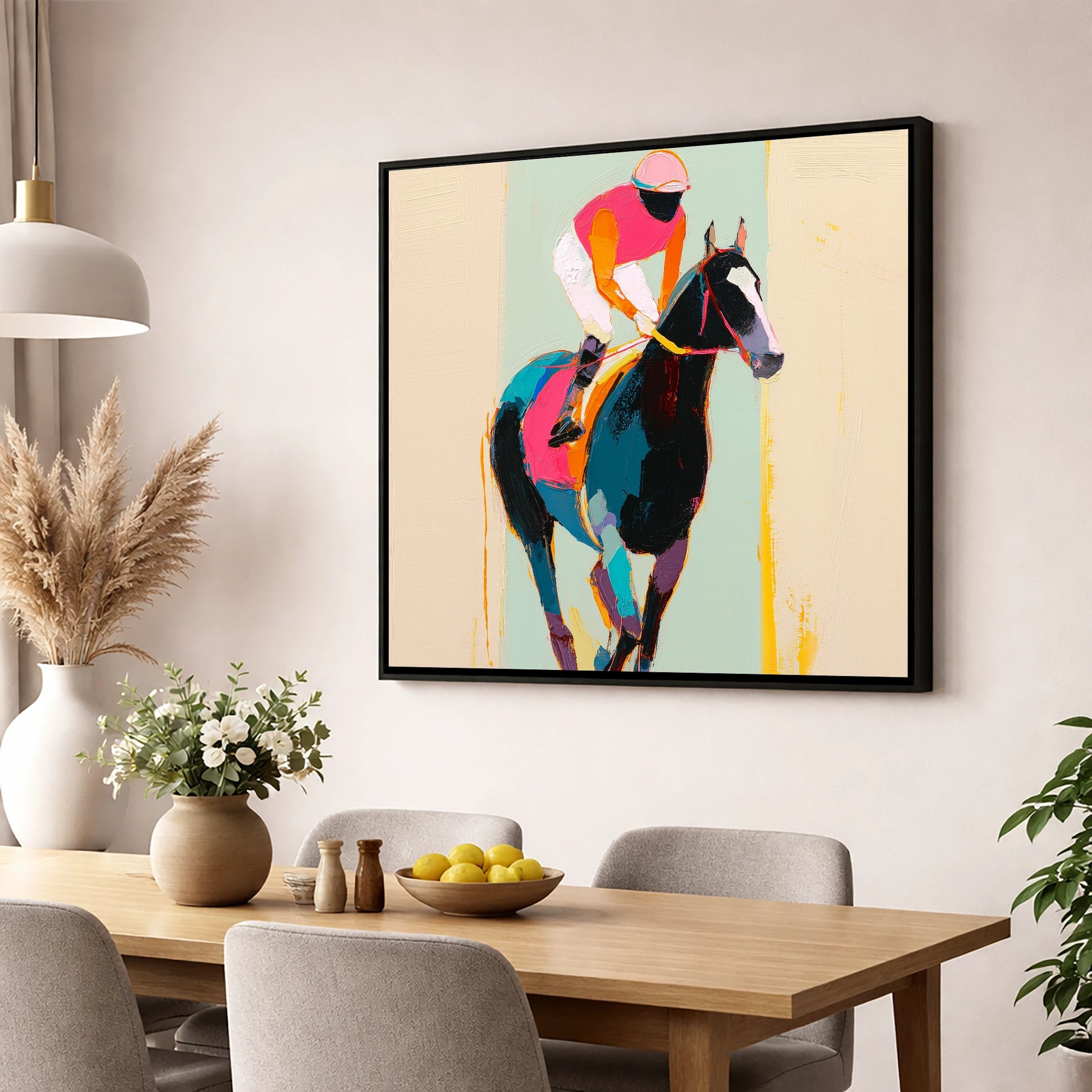 The Bold Contender racing horse wall art displayed in a dining room