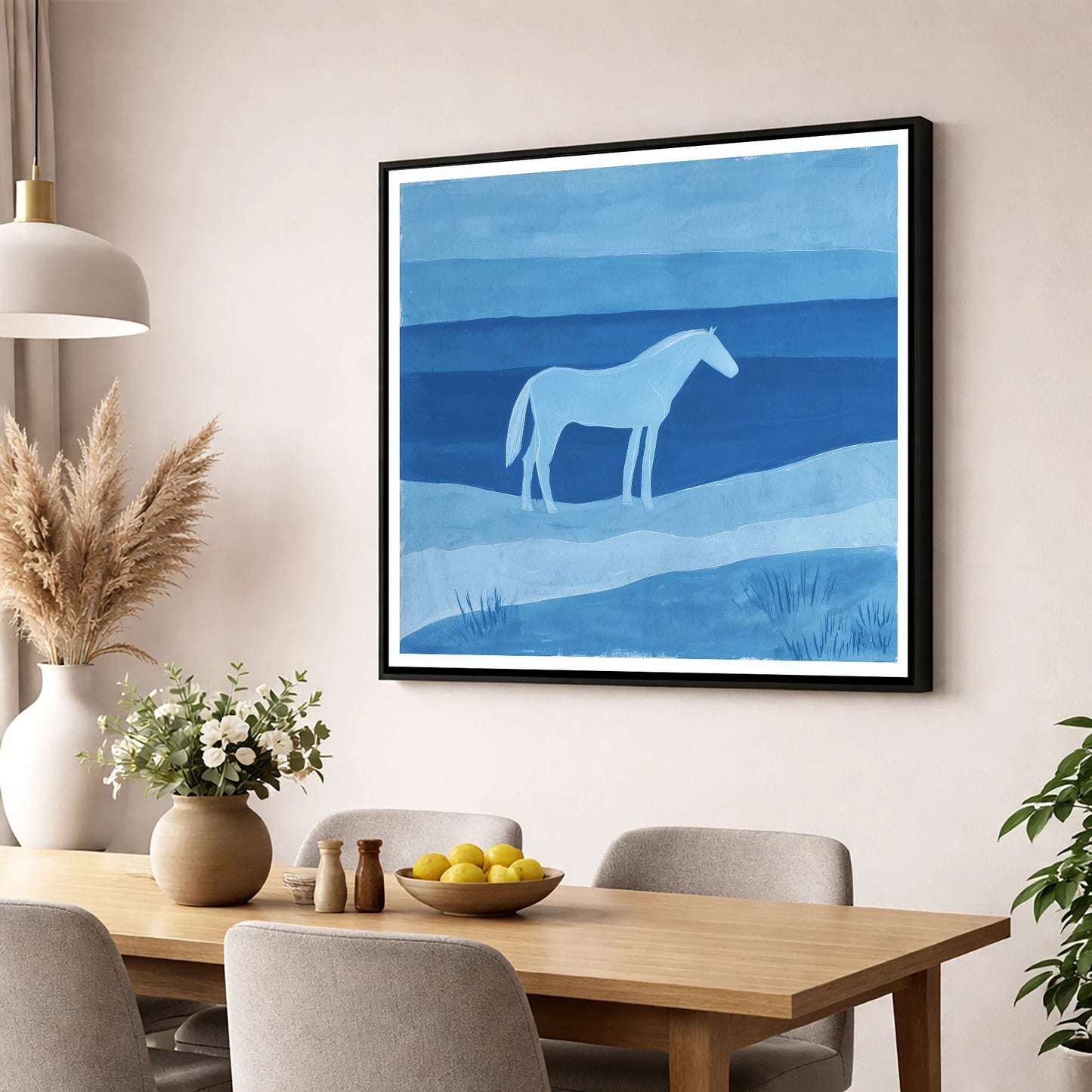 Cerulean Serenity horse landscape wall art displayed in a dining room